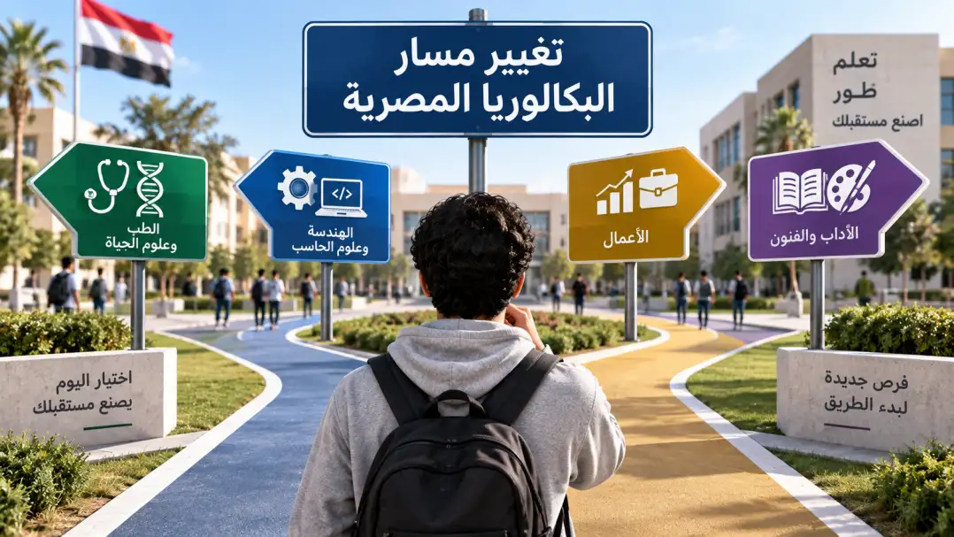 طالب أمام مسارات البكالوريا المصرية الأربعة أثناء التفكير في تغيير المسار 2026/2027